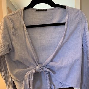 Blue and white striped long sleeve tie crop top